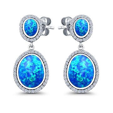 Stud Earring Lab Created Blue Opal Halo 925 Sterling Silver (36mm)